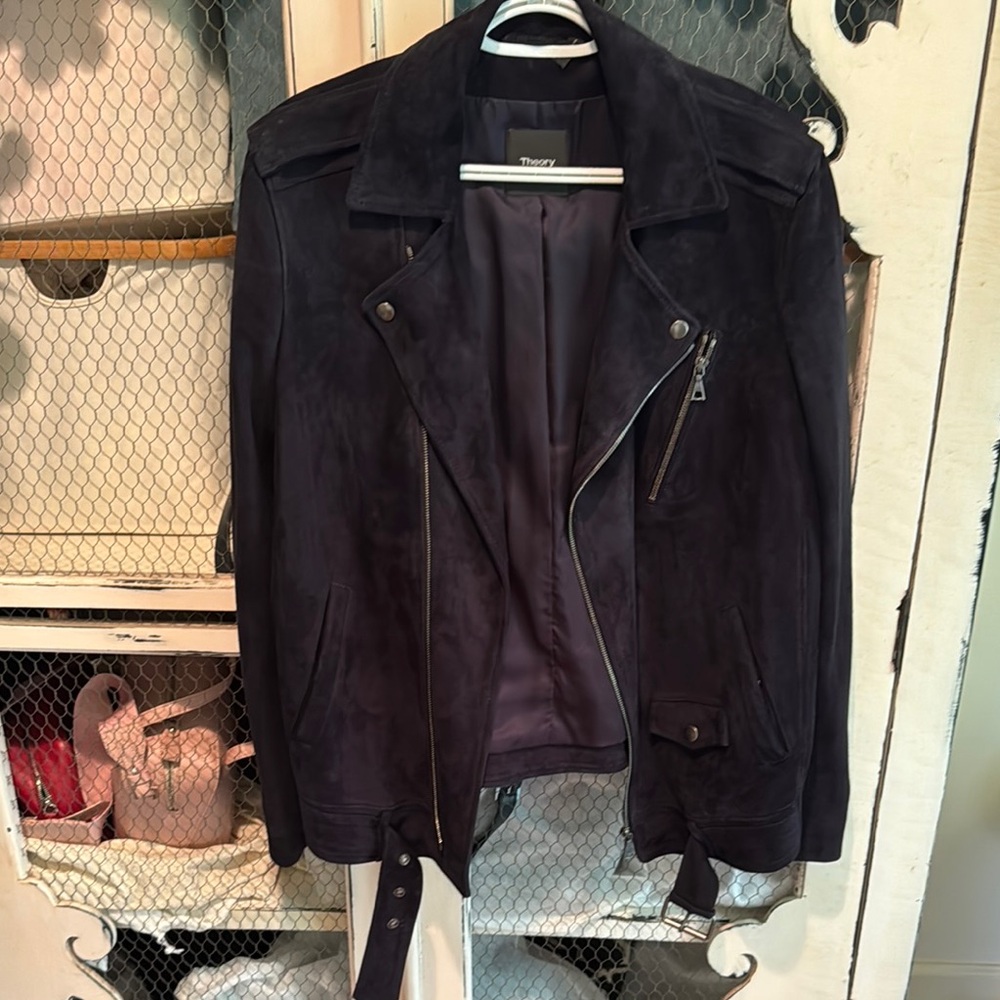 Theory navy lambskin suede moto jacket, size L, EUC, $200